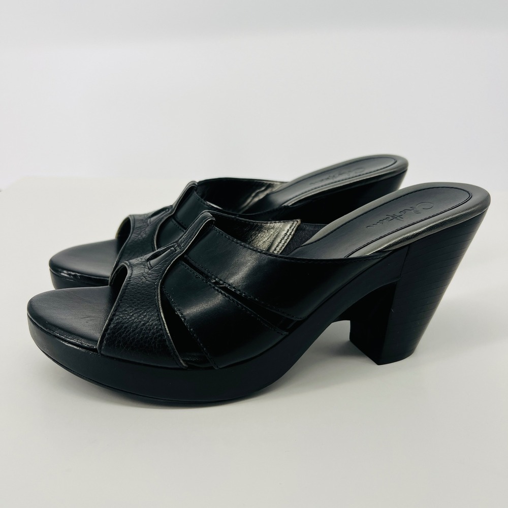 Cole Haan Womens Black Leather Wedge Sandal Slip On Mule Size 9B